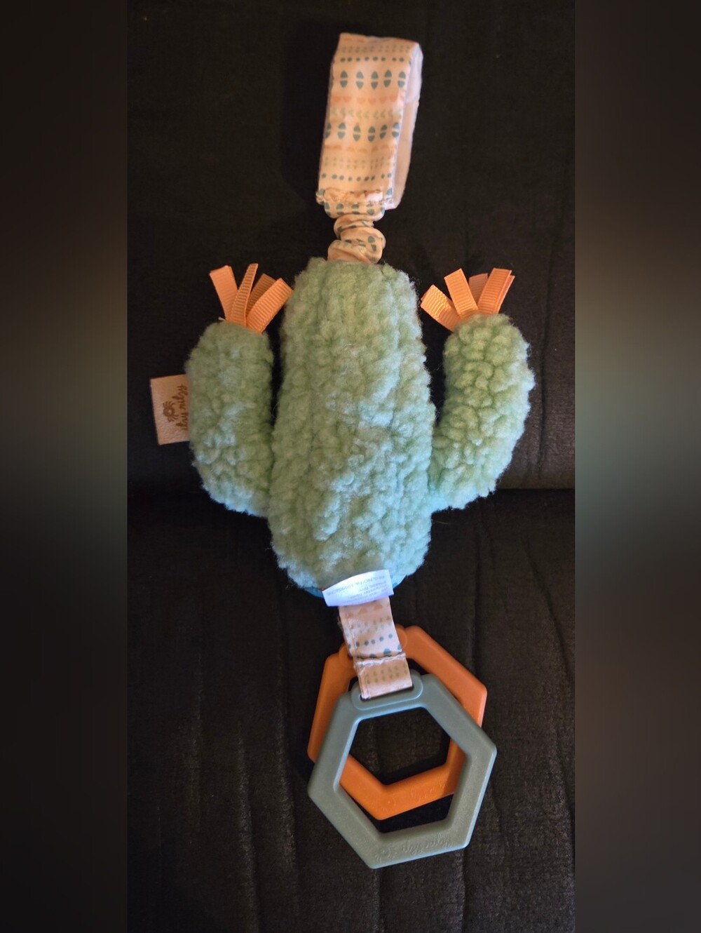 EUC Itzy Ritzy Plush Cactus Teether Car Seat Toy Mint Green with Orange Accents